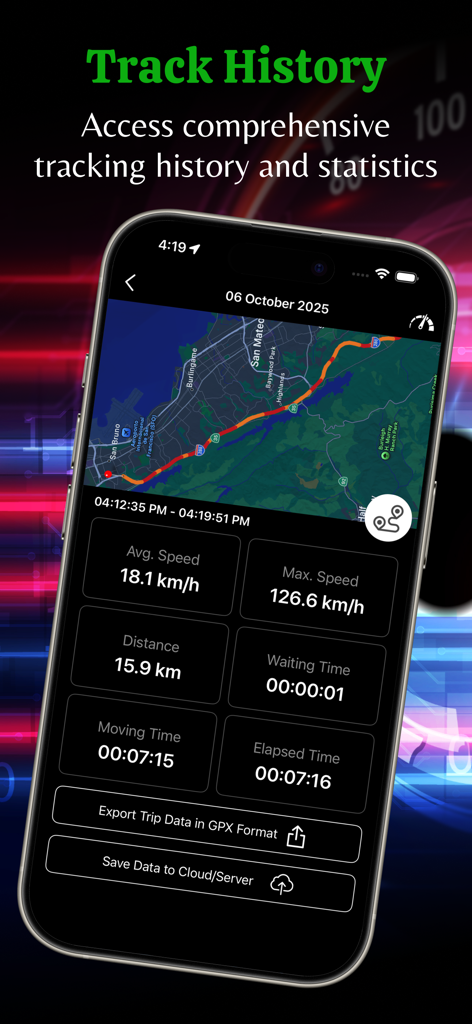 GPS Speedometer app interface showing comprehensive trip tracking history with a map route and speed statistics