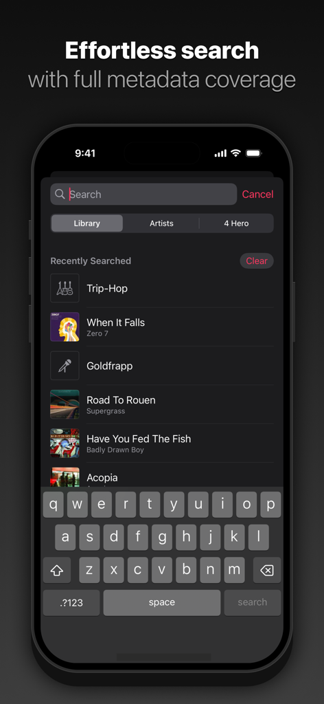 Pentaton: HiFi Offline Music - Pentaton music player search interface showing recent searches and library metadata filtering