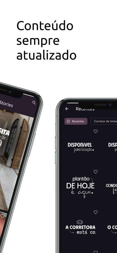 Criative Stories - User interface of the Criative Stories app displaying various text stickers and design elements for social media.