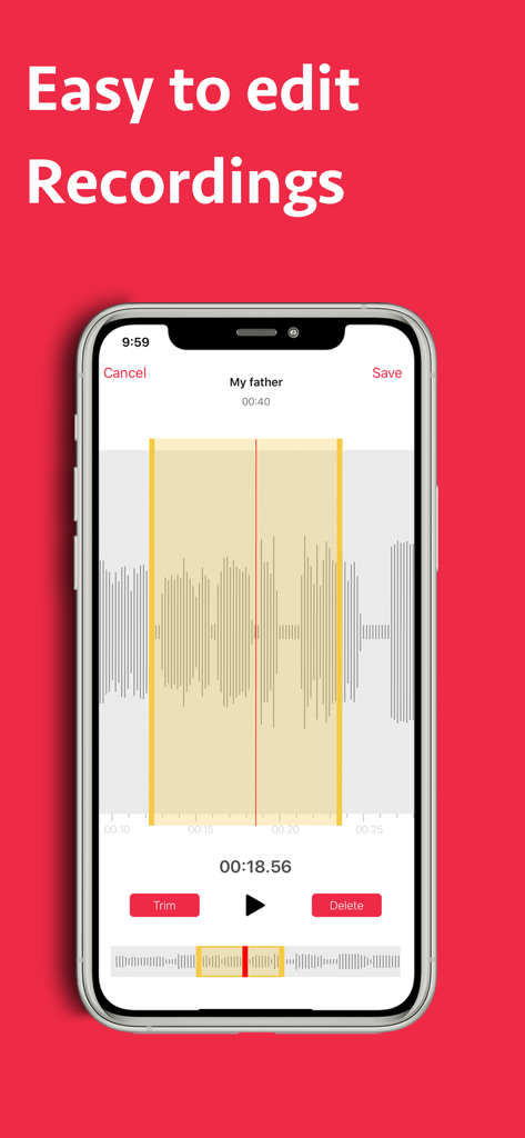 Voice Recorder - Memo + Editor - Interface do aplicativo móvel mostrando edição de forma de onda de áudio e ferramentas de corte.