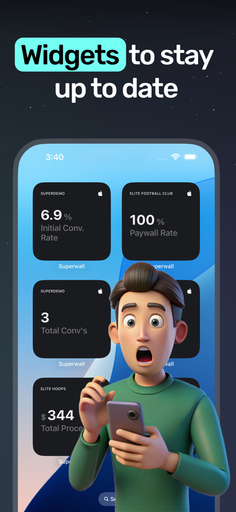 Widgets iOS Superwall affichant les revenus de l'application et les métriques de conversion sur l'écran d'accueil d'un mobile.