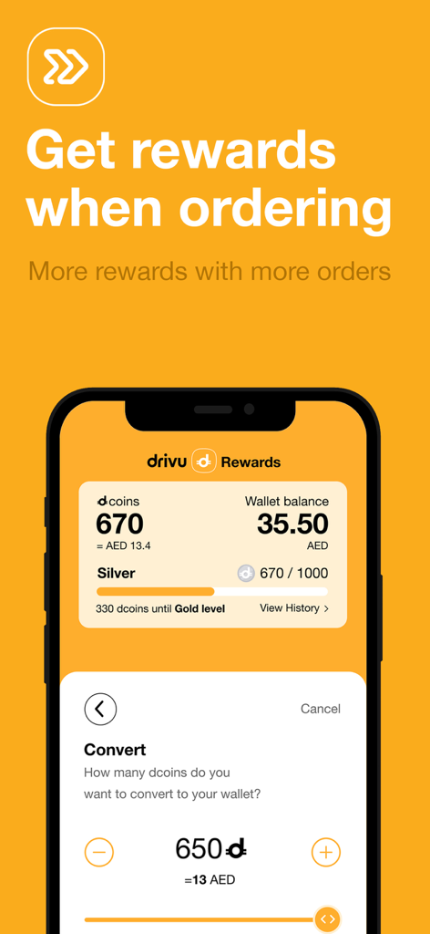 Drivu - your drive thru orders - Interface de l'application Drivu montrant le solde des récompenses de fidélité de l'utilisateur et les options de conversion de pièces.