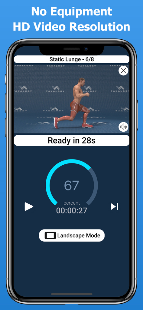 Mobile app interface showing a 3D personal trainer performing a lunge exercise with a progress timer.