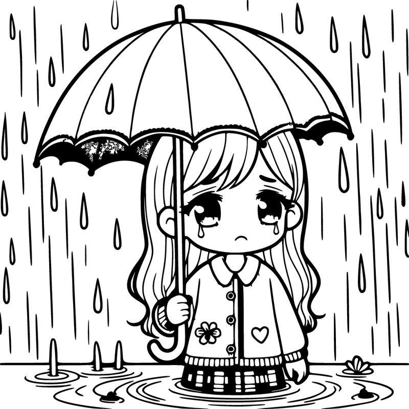 a sad girl in the rain with a umbrella