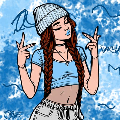 realistic teenage girl with braids and a beanie and crop top doing 🫶🏼