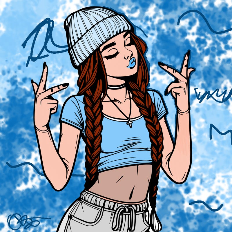 realistic teenage girl with braids and a beanie and crop top doing 🫶🏼