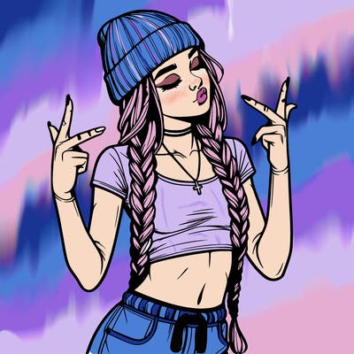 realistic teenage girl with braids and a beanie and crop top doing 🫶🏼