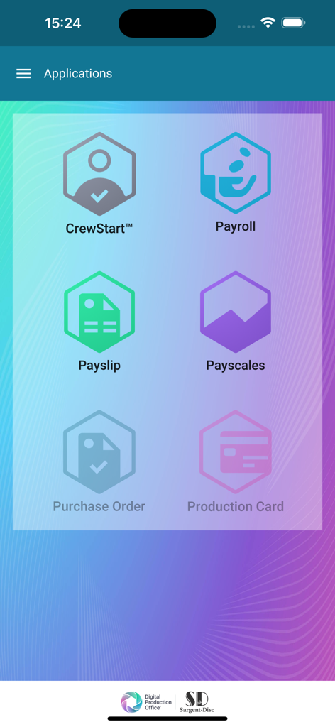 SD Payroll - Hauptanwendungsmenü der SD Payroll Mobile App mit Symbolen für Gehaltsabrechnung und Produktionsmanagement