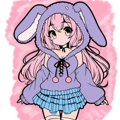 pretty anime girl wearing a fluffy hoodie with bunny ears on the hood and a skirt