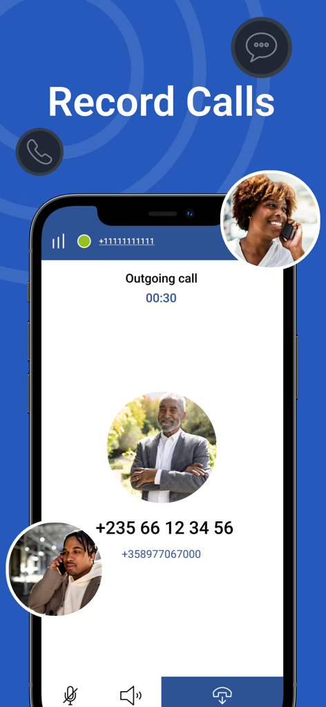 International Calling App:Telz - Interface of the Telz app showing the call recording feature during an outgoing international call