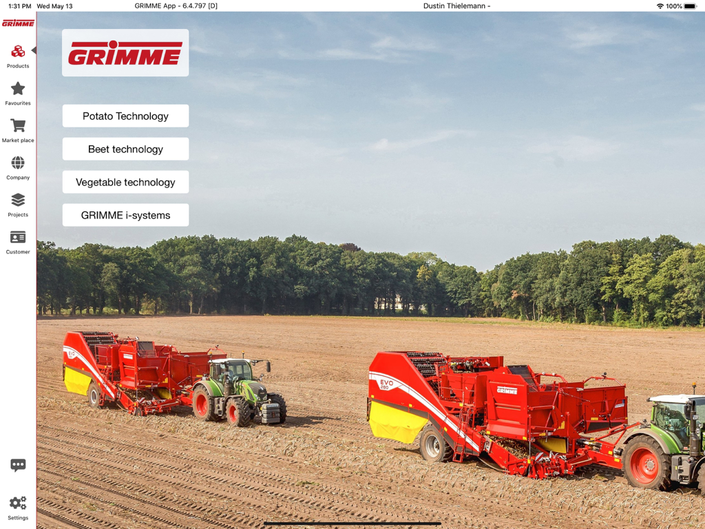 GRIMME - GRIMME iPad app home screen displaying agricultural technology categories with potato harvesters in a field background
