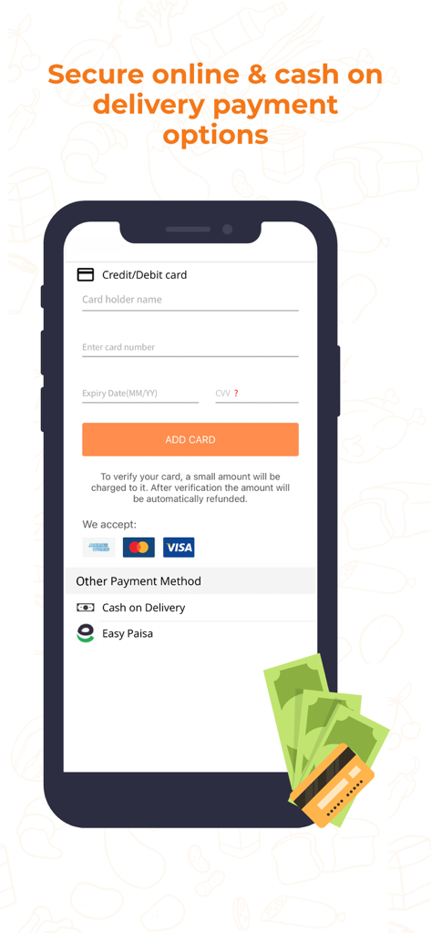 GrocerApp screen showing secure payment options including credit card cash on delivery and Easy Paisa
