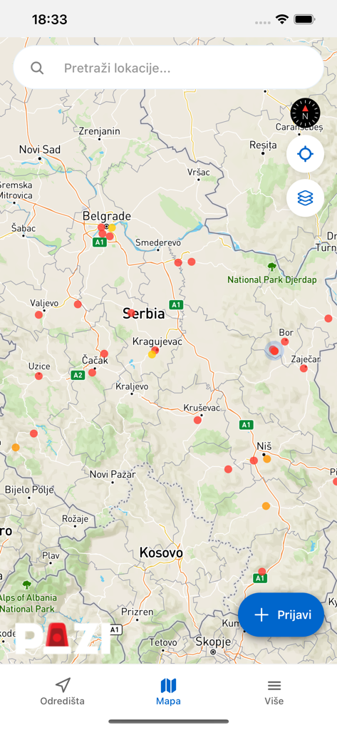 Pazi app interface showing a map of Serbia with real-time police patrol and radar locations
