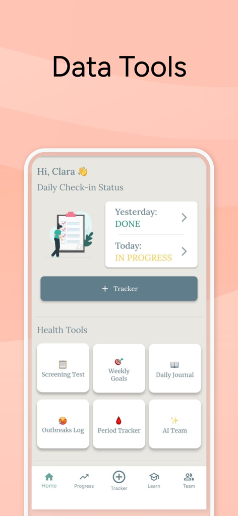 Menopause Journey app dashboard showing health tools and daily check in status