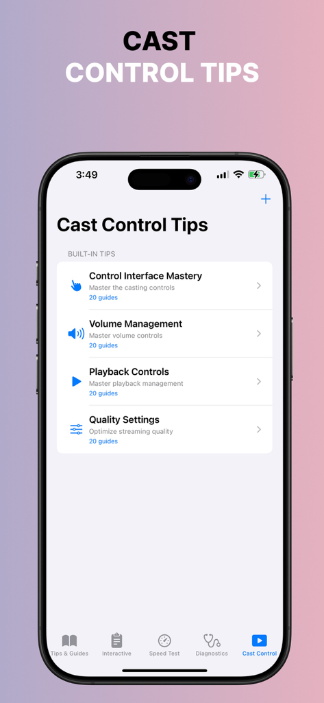 Screen Mirroring TV Cast+ - Screenshot of the Cast Control Tips screen in the Screen Mirroring TV Cast app showing educational tutorials for volume management, playback controls, and quality settings.