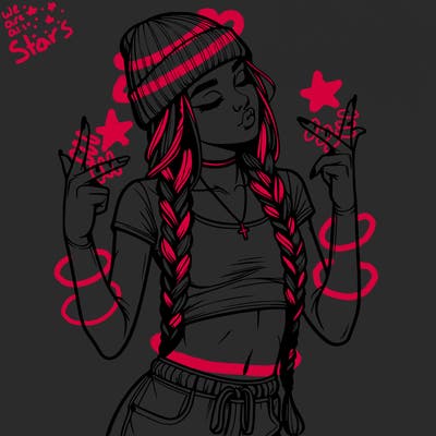 realistic teenage girl with braids and a beanie and crop top doing 🫶🏼