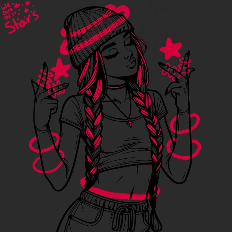 realistic teenage girl with braids and a beanie and crop top doing 🫶🏼