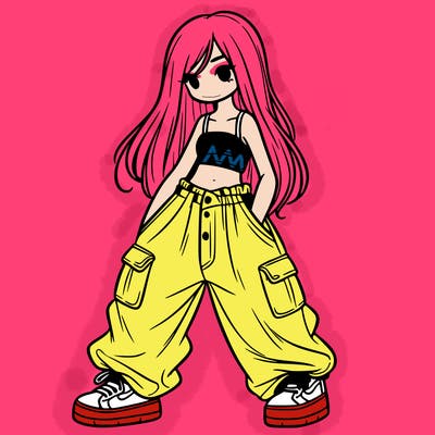 girl in baggy pants, crop top, and long hair
