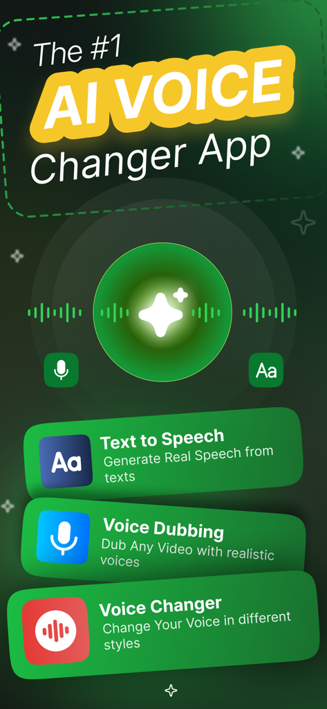 AI Voice Changer - TTS - AI Voice Changer app interface showing text to speech and voice dubbing tools