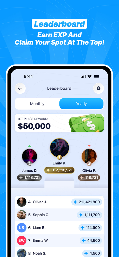 LMCT plus app leaderboard screen showing user rankings and a fifty thousand dollar first place cash prize