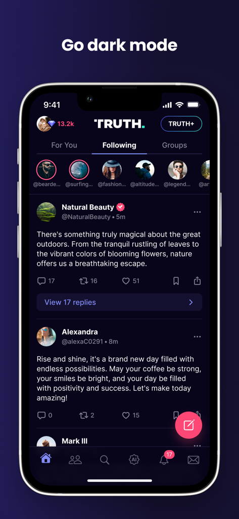Truth Social - Interfaz de la aplicación móvil Truth Social que muestra el feed de seguimiento en modo oscuro.