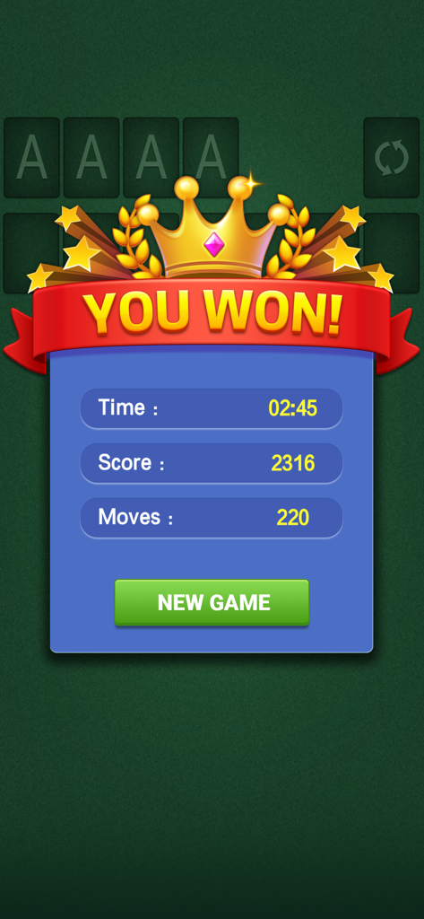 Solitaire Card Games for Brain - Una pantalla de victoria "Has Ganado" en un juego clásico de Solitario que muestra estadísticas del juego de tiempo, puntuación y movimientos bajo una corona dorada.