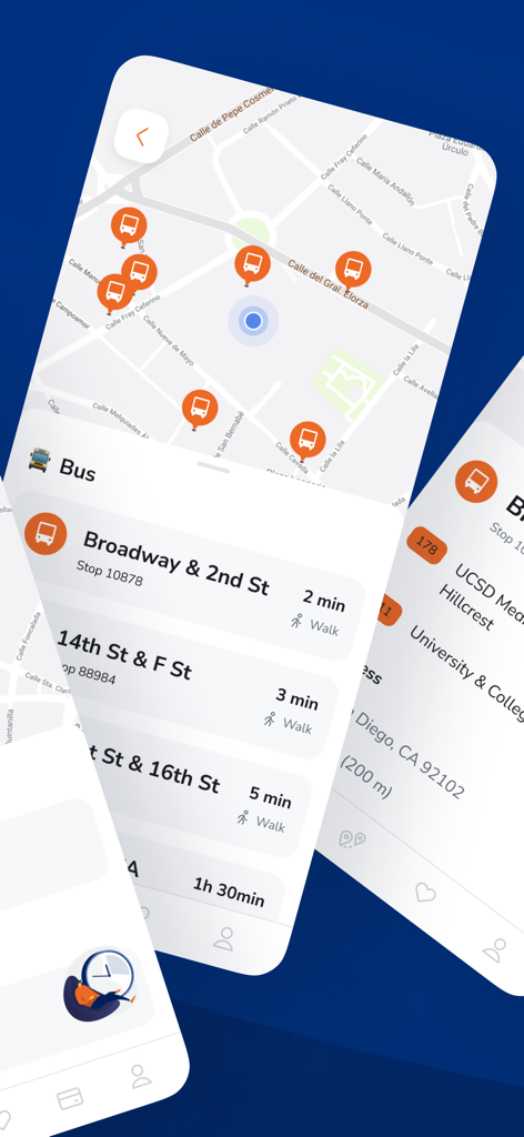 Pame App - Pame App mobile interface showing bus stops on a map and real-time travel information