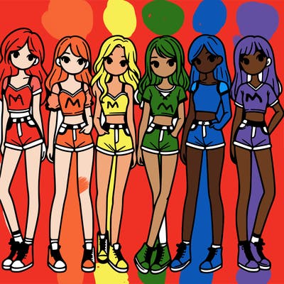 a group of girls wearing crop tops and shorts