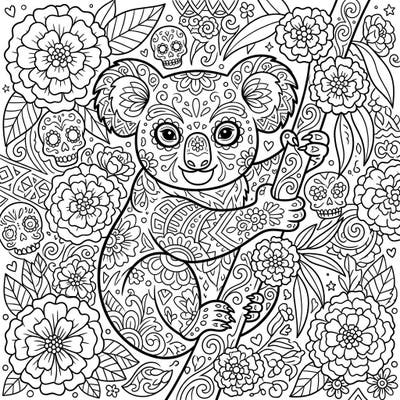 Embrace the festive spirit with this unique Koala Day of the Dead coloring page. Adorned with intricate sugar skull and floral designs, it offers a creative way to celebrate culture and creativity.