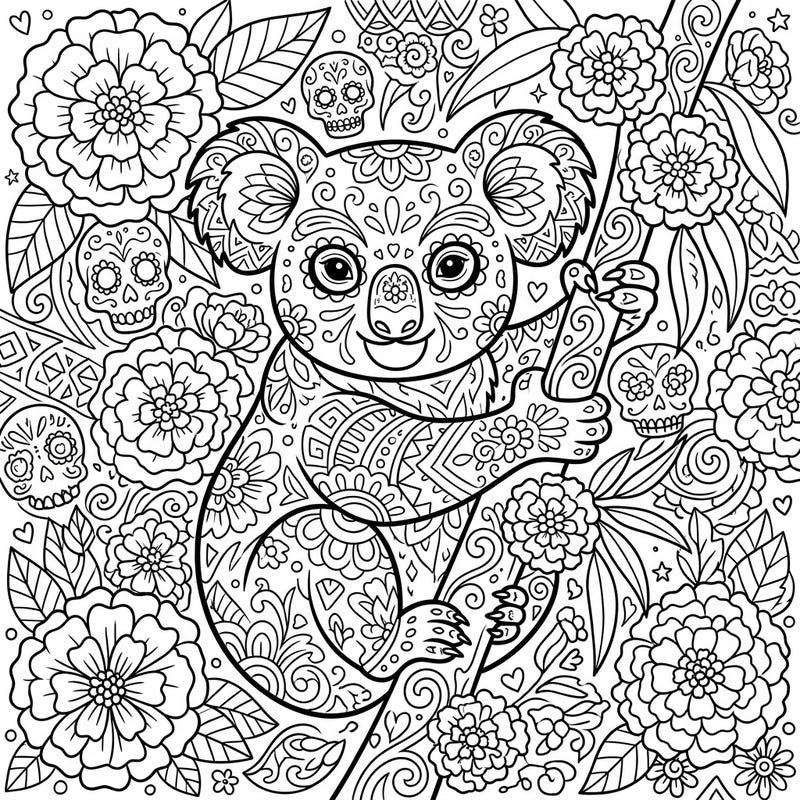 Embrace the festive spirit with this unique Koala Day of the Dead coloring page. Adorned with intricate sugar skull and floral designs, it offers a creative way to celebrate culture and creativity.