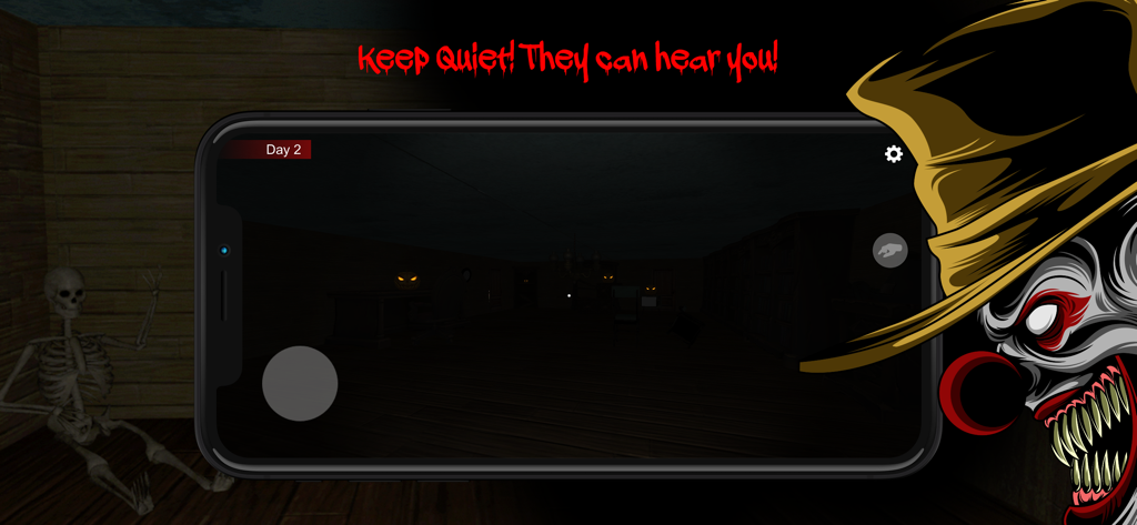 Granny Horror: Two Chapters #1 - Captura de tela da jogabilidade de um jogo de fuga de terror em um smartphone com um esqueleto em uma sala escura e uma ilustração de palhaço assustador