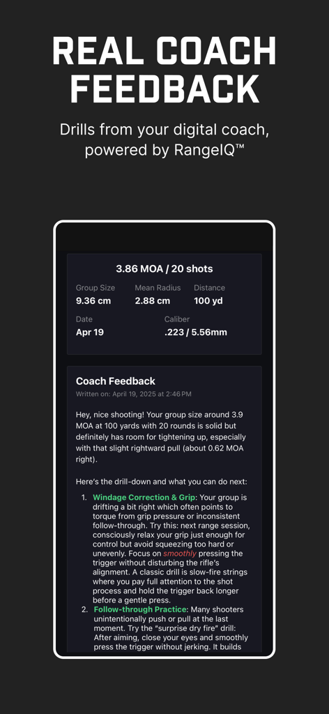 RangeDay - Ballistic x SubMOA - RangeDayアプリのデジタルコーチインターフェイスに、射撃統計とパーソナライズされたドリル提案が表示されています。