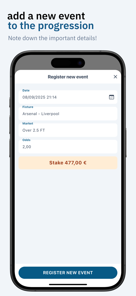 Mobile app screen for registering a new sports betting event and calculating the recommended stake amount