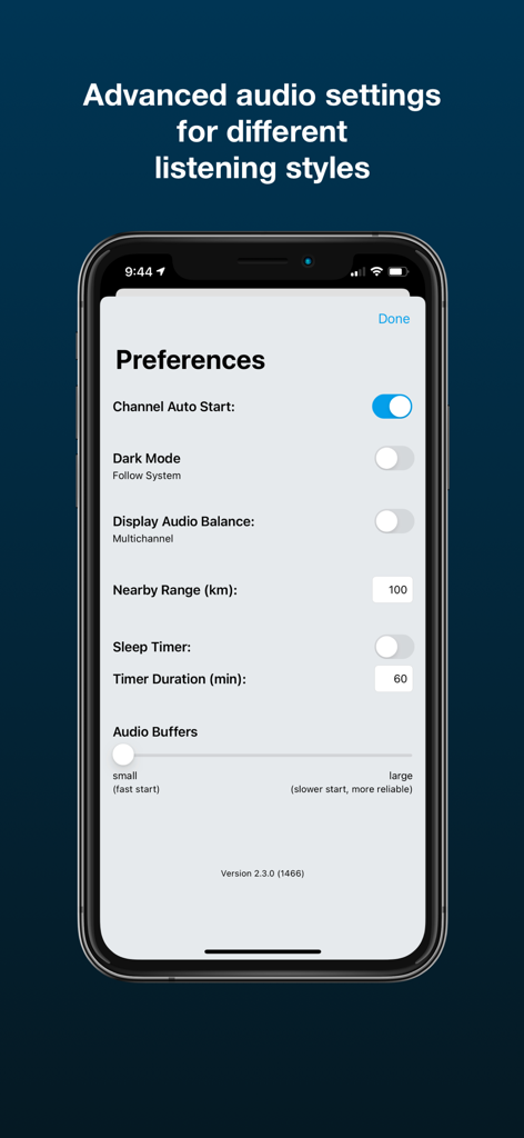 LiveATC Air Radio - LiveATC Air Radio app preferences screen showing advanced audio and buffer settings