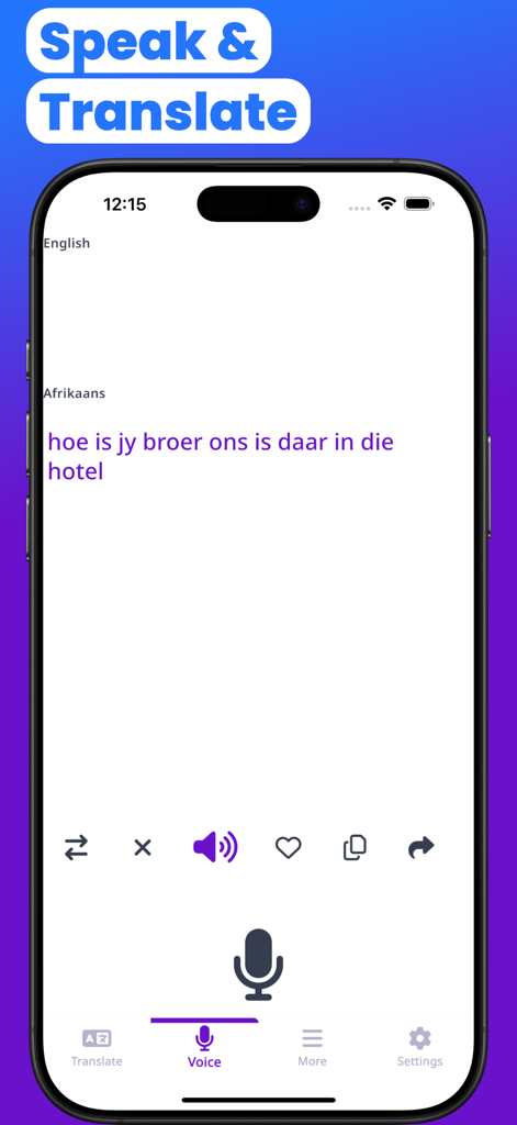 Afrikaans to English translation app interface displaying voice input and translated text