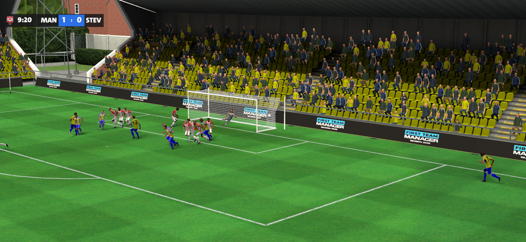 First Team Manager Season 2026 - In-game 3D soccer match simulation in First Team Manager 2026 showing players and stadium crowd