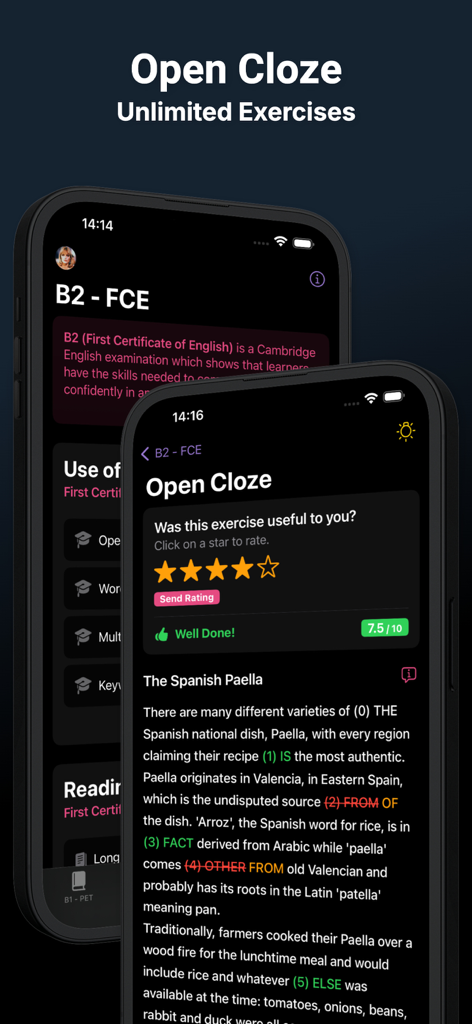 Use of English AI - Screenshot of the Use of English AI app showing a B2 FCE level Open Cloze exercise with instant feedback and scoring