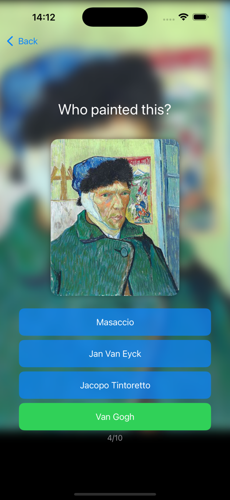 Fun Verse - Art trivia question in the Fun Verse app asking who painted a Van Gogh self portrait