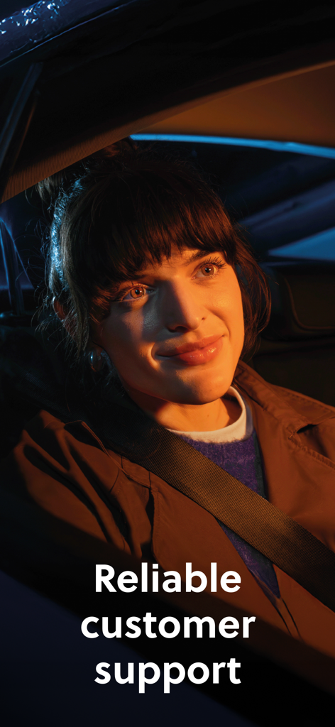 Liftago: Travel safely - A woman traveler looking content in the back seat of a car with text about reliable customer support