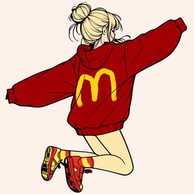 realistic girl jumping with a bun and oversized sweatshirt