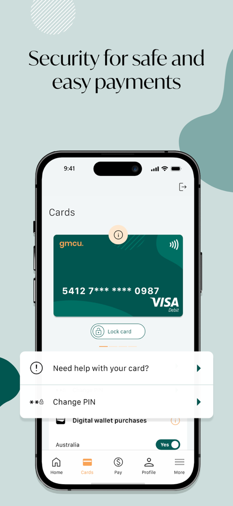 GMCU Mobile Banking - GMCU Mobile Banking app interface showing card management and security features like card locking and PIN changes