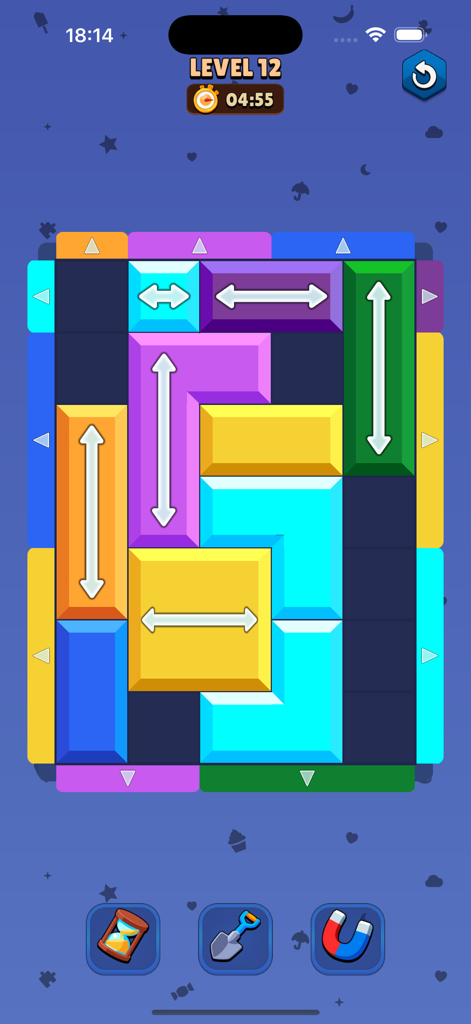 Color Block Jam Games - Nivel de puzzle de Color Block Jam Games mostrando bloques de colores con flechas direccionales e iconos de potenciadores