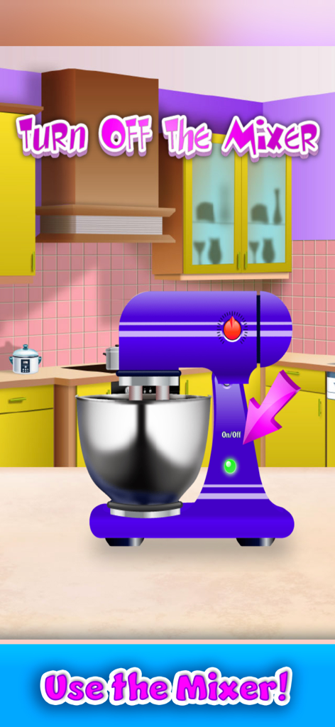 Cookie Maker & Cooking Games - A purple stand mixer with a silver bowl in a colorful kitchen from the Cookie Maker game.