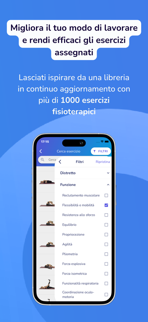 Tela de smartphone do aplicativo Corpore mostrando uma biblioteca de exercícios de fisioterapia com um menu de filtros para exercícios de flexibilidade e mobilidade