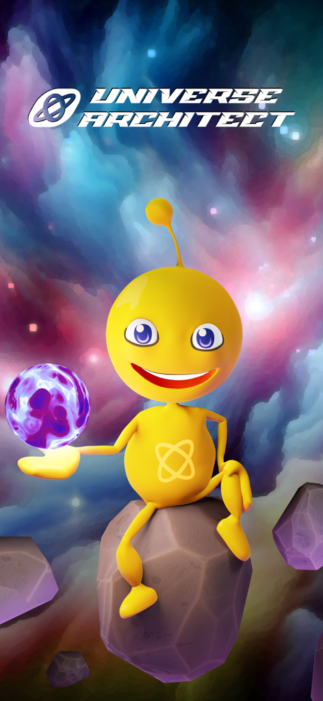 Yellow character Mr Strange sitting on an asteroid in the cosmos of Universe Architect