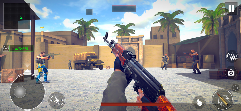 Fire Game Battle Shooting Game - First person shooter view of a player holding an assault rifle in a desert combat zone