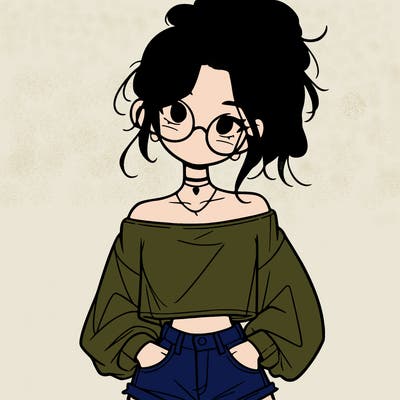 girl with a messy ponytail glasses a baggy crop top and jean shorts