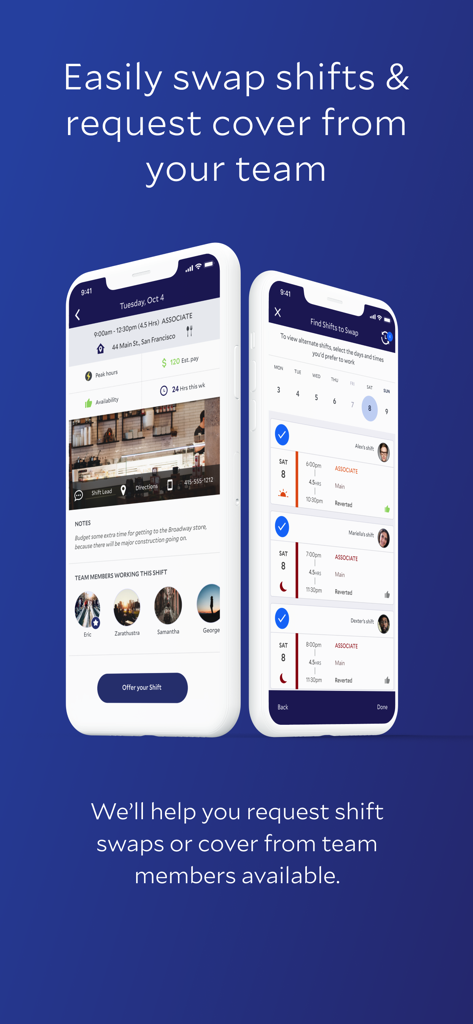 Interface of Legion Workforce Engagement app showing options to swap shifts and request cover from teammates