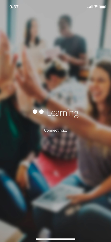 Pantalla de inicio de la aplicación Blinklearning con la palabra 'learning' y un mensaje de estado de conexión