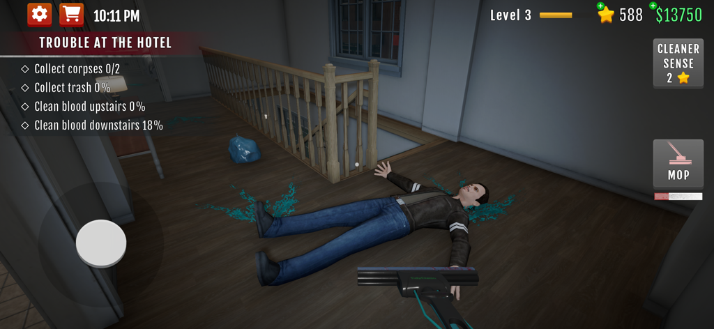 Crime Scene Cleaner: Mobile 3D - Gameplay of Crime Scene Cleaner Mobile 3D showing a cleaning mission in a hotel with a corpse and blue blood on the floor